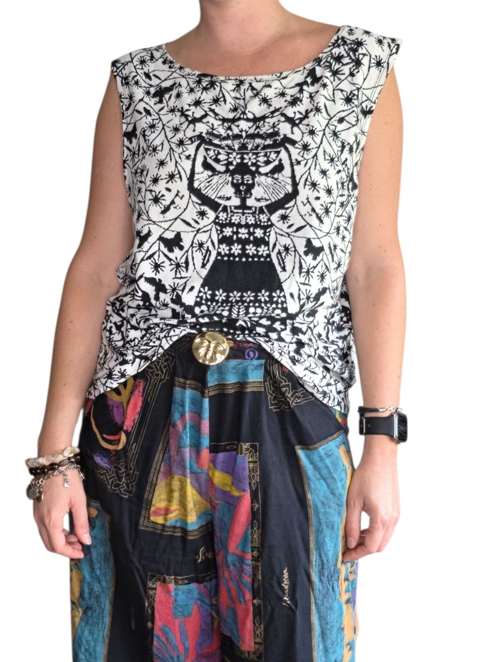 Plenty Black & White Tribal Folk Art Women's Tank Top Nature Designs Size Medium